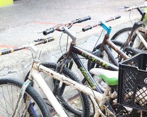 parked-mountain-bikes-with-plastic-crates